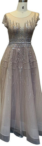 Vestido de noche rosa de lujo con cuentas brillantes, corte A, Dubái 2025, cuello redondo, mangas cortas, vestido formal LA70580 