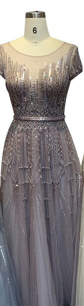 Vestido de noche rosa de lujo con cuentas brillantes, corte A, Dubái 2025, cuello redondo, mangas cortas, vestido formal LA70580 