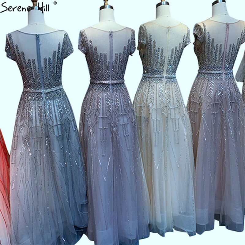 Vestido de noche rosa de lujo con cuentas brillantes, corte A, Dubái 2025, cuello redondo, mangas cortas, vestido formal LA70580 