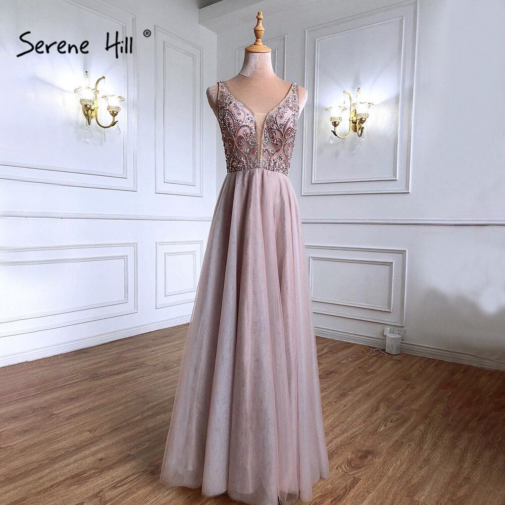 Rosa rückenfreie A-Linie Abendkleider Kleider 2025 Perlen einfache sexy für Frauen Hochzeit Party LA71259 