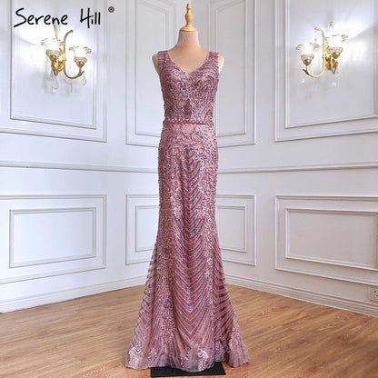 Vestidos de noche de lujo con encaje rosa y cuentas, estilo sirena, elegantes y sexys, para mujer, para fiesta, LA70596 