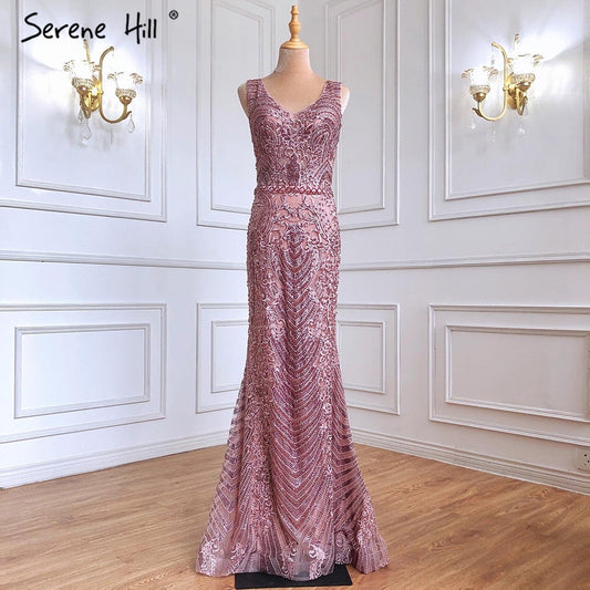 Vestidos de noche de lujo con encaje rosa y cuentas, estilo sirena, elegantes y sexys, para mujer, para fiesta, LA70596 
