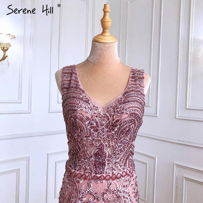 Vestidos de noche de lujo con encaje rosa y cuentas, estilo sirena, elegantes y sexys, para mujer, para fiesta, LA70596 