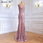 Rosa Perlen Spitze Luxus Abendkleider Kleider 2025 Meerjungfrau Elegante Sexy Für Frauen Party LA70596 