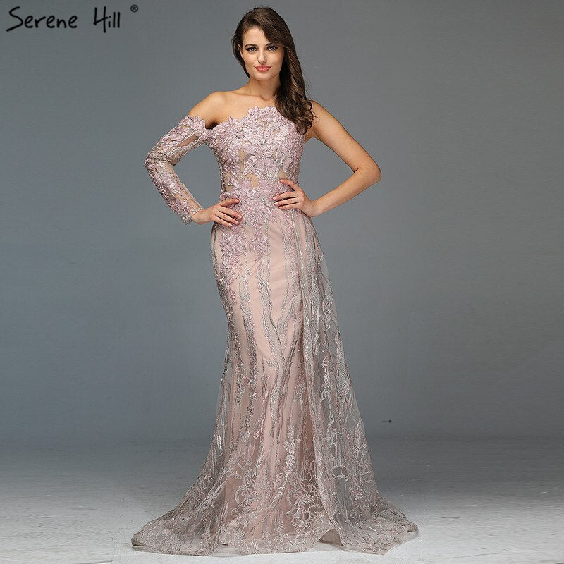 Vestido de noche sexy con cuentas rosas y diamantes, foto real, corte sirena, un hombro, vestido formal 2025 LA60999 