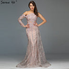 Vestido de noche sexy con cuentas rosas y diamantes, foto real, corte sirena, un hombro, vestido formal 2025 LA60999 