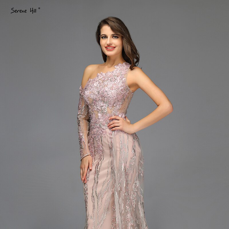 Vestido de noche sexy con cuentas rosas y diamantes, foto real, corte sirena, un hombro, vestido formal 2025 LA60999 