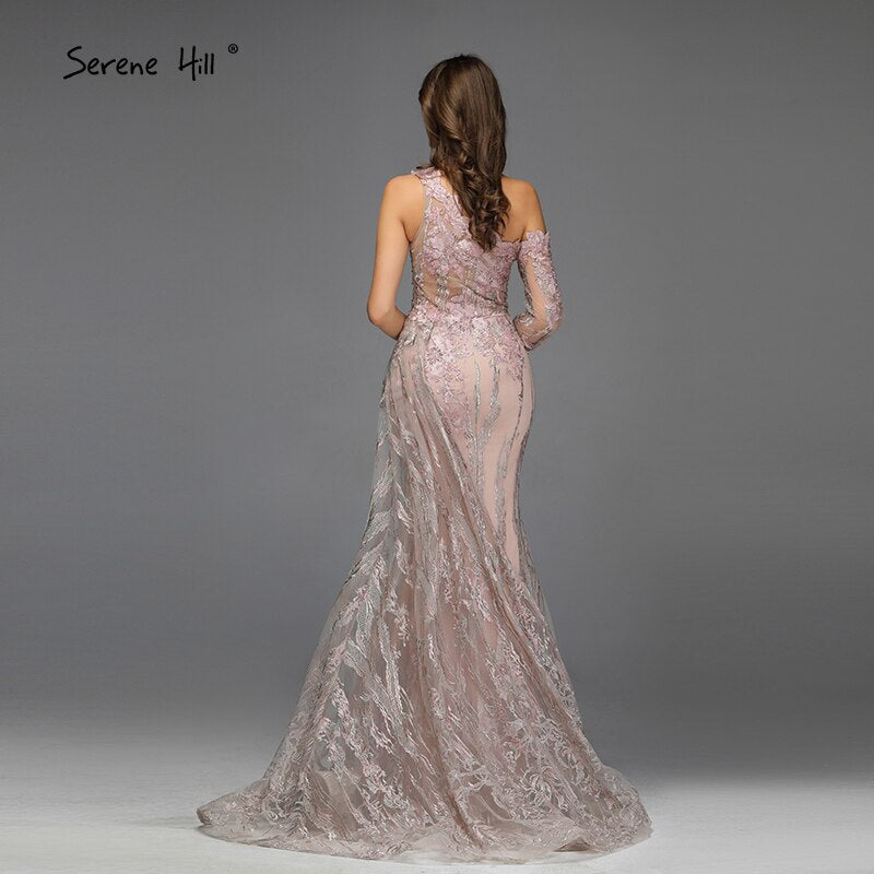 Vestido de noche sexy con cuentas rosas y diamantes, foto real, corte sirena, un hombro, vestido formal 2025 LA60999 