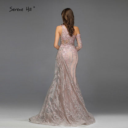 Vestido de noche sexy con cuentas rosas y diamantes, foto real, corte sirena, un hombro, vestido formal 2025 LA60999 