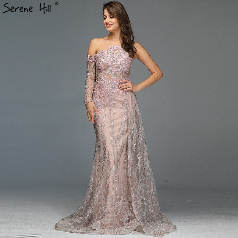 Vestido de noche sexy con cuentas rosas y diamantes, foto real, corte sirena, un hombro, vestido formal 2025 LA60999 
