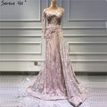 Vestido de noche sexy con cuentas rosas y diamantes, foto real, corte sirena, un hombro, vestido formal 2025 LA60999 