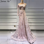 Vestido de noche sexy con cuentas rosas y diamantes, foto real, corte sirena, un hombro, vestido formal 2025 LA60999 