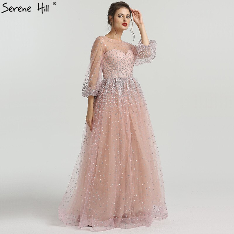 En oferta, sin devolución ni reembolso, vestido de noche sexy de corte A con mangas largas y purpurina rosa, cuello redondo, vestido de noche de tul a la moda 2025, foto real LA6344