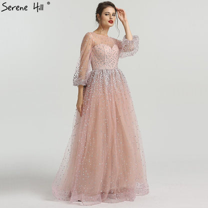 En oferta, sin devolución ni reembolso, vestido de noche sexy de corte A con mangas largas y purpurina rosa, cuello redondo, vestido de noche de tul a la moda 2025, foto real LA6344