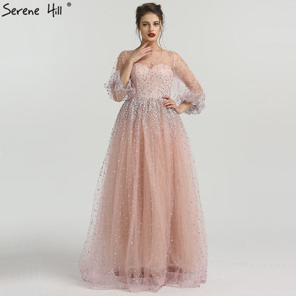 En oferta, sin devolución ni reembolso, vestido de noche sexy de corte A con mangas largas y purpurina rosa, cuello redondo, vestido de noche de tul a la moda 2025, foto real LA6344