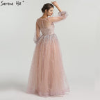 En oferta, sin devolución ni reembolso, vestido de noche sexy de corte A con mangas largas y purpurina rosa, cuello redondo, vestido de noche de tul a la moda 2025, foto real LA6344