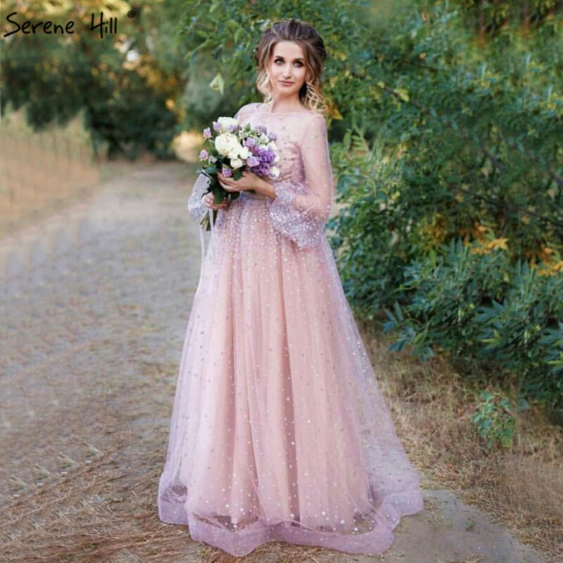 En oferta, sin devolución ni reembolso, vestido de noche sexy de corte A con mangas largas y purpurina rosa, cuello redondo, vestido de noche de tul a la moda 2025, foto real LA6344