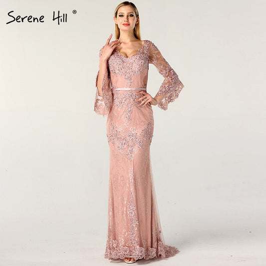 En oferta, sin devolución ni reembolso. Vestido de noche rosa con encaje y diamantes, mangas largas y escote en V, sexy, para mujer, 2025, LA60710. 