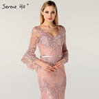 En oferta, sin devolución ni reembolso. Vestido de noche rosa con encaje y diamantes, mangas largas y escote en V, sexy, para mujer, 2025, LA60710. 