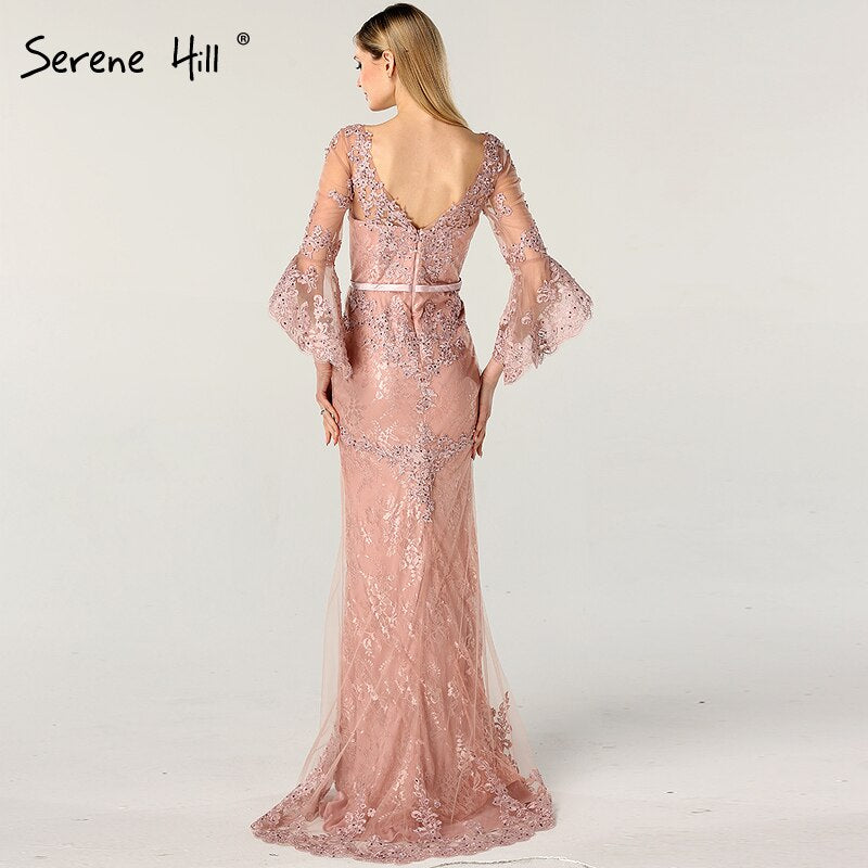 En oferta, sin devolución ni reembolso. Vestido de noche rosa con encaje y diamantes, mangas largas y escote en V, sexy, para mujer, 2025, LA60710. 