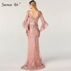 En oferta, sin devolución ni reembolso. Vestido de noche rosa con encaje y diamantes, mangas largas y escote en V, sexy, para mujer, 2025, LA60710. 