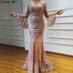 En oferta, sin devolución ni reembolso. Vestido de noche rosa con encaje y diamantes, mangas largas y escote en V, sexy, para mujer, 2025, LA60710. 