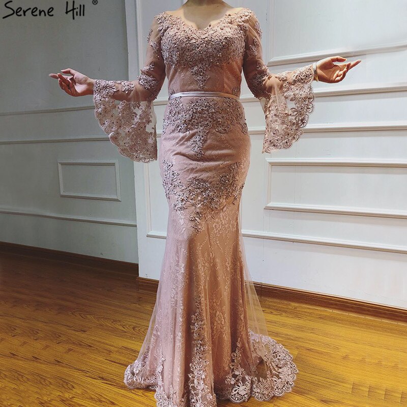En oferta, sin devolución ni reembolso. Vestido de noche rosa con encaje y diamantes, mangas largas y escote en V, sexy, para mujer, 2025, LA60710. 