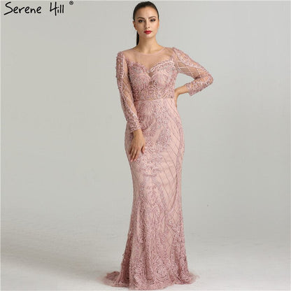 En oferta, sin devolución ni reembolso, vestido de noche rosa con mangas largas y perlas de cristal, vestido de noche formal elegante y sexy de sirena 2025 LA6274, talla grande