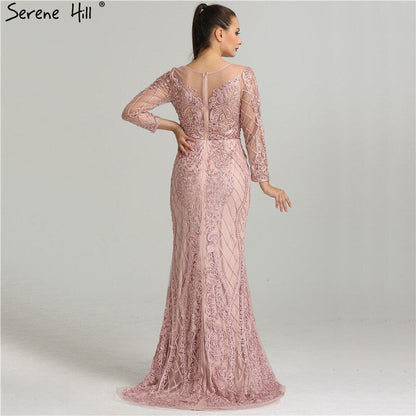En oferta, sin devolución ni reembolso, vestido de noche rosa con mangas largas y perlas de cristal, vestido de noche formal elegante y sexy de sirena 2025 LA6274, talla grande