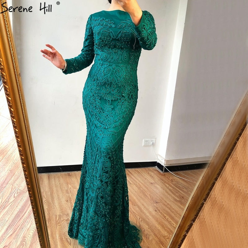 En oferta, sin devolución ni reembolso, vestido de noche rosa con mangas largas y perlas de cristal, vestido de noche formal elegante y sexy de sirena 2025 LA6274, talla grande