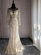 En oferta, sin devolución ni reembolso, vestido de noche rosa con mangas largas y perlas de cristal, vestido de noche formal elegante y sexy de sirena 2025 LA6274, talla grande