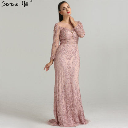 En oferta, sin devolución ni reembolso, vestido de noche rosa con mangas largas y perlas de cristal, vestido de noche formal elegante y sexy de sirena 2025 LA6274, talla grande