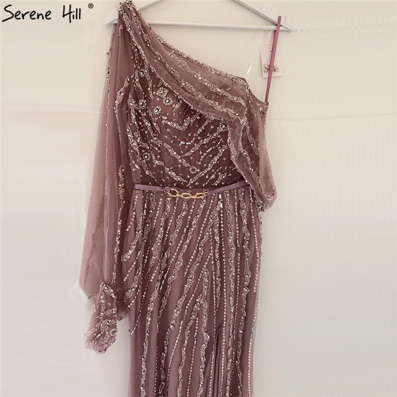 Vestido de noche rosa de lujo con cuentas y cristales, un hombro brillante, vestido formal sexy 2025 LA70258 