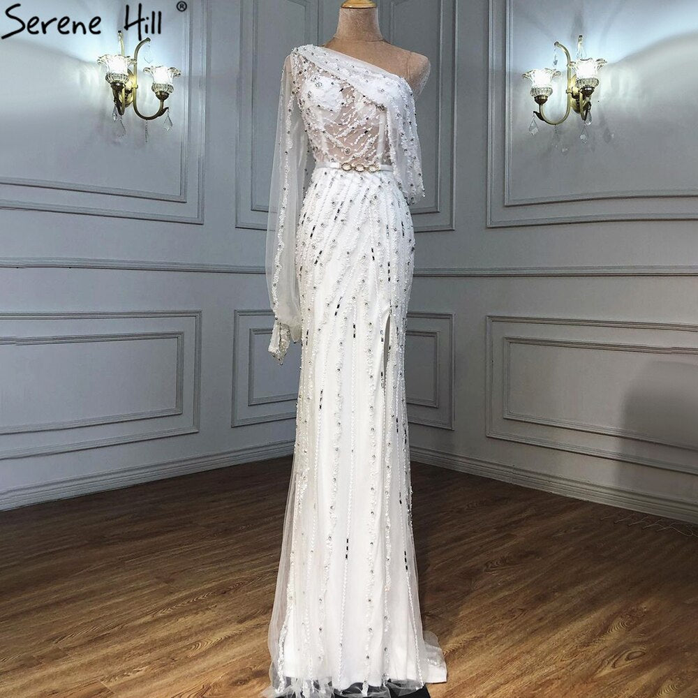 Vestido de noche rosa de lujo con cuentas y cristales, un hombro brillante, vestido formal sexy 2025 LA70258 