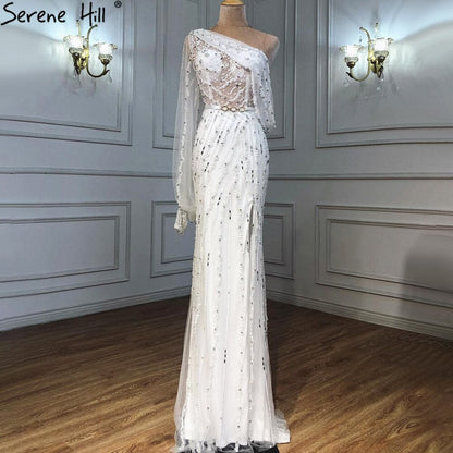 Vestido de noche rosa de lujo con cuentas y cristales, un hombro brillante, vestido formal sexy 2025 LA70258 