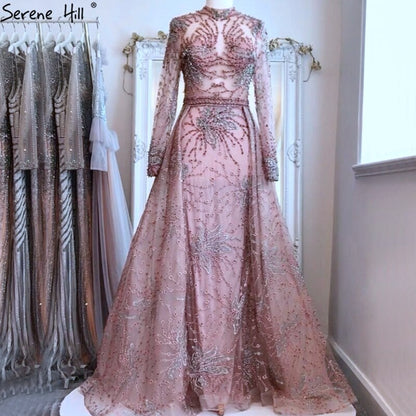 Vestido de noche de sirena rosa con cristales y mangas largas 2025, estilo Dubái, cuello alto, brillante, LA70582 