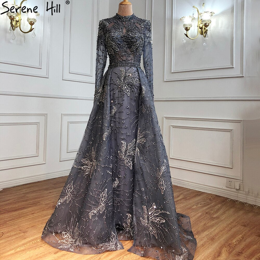 Pink Mermaid Crystal Long Sleeves Evening Dresses 2025 Dubai High Neck Sparkle Formal Dress LA70582