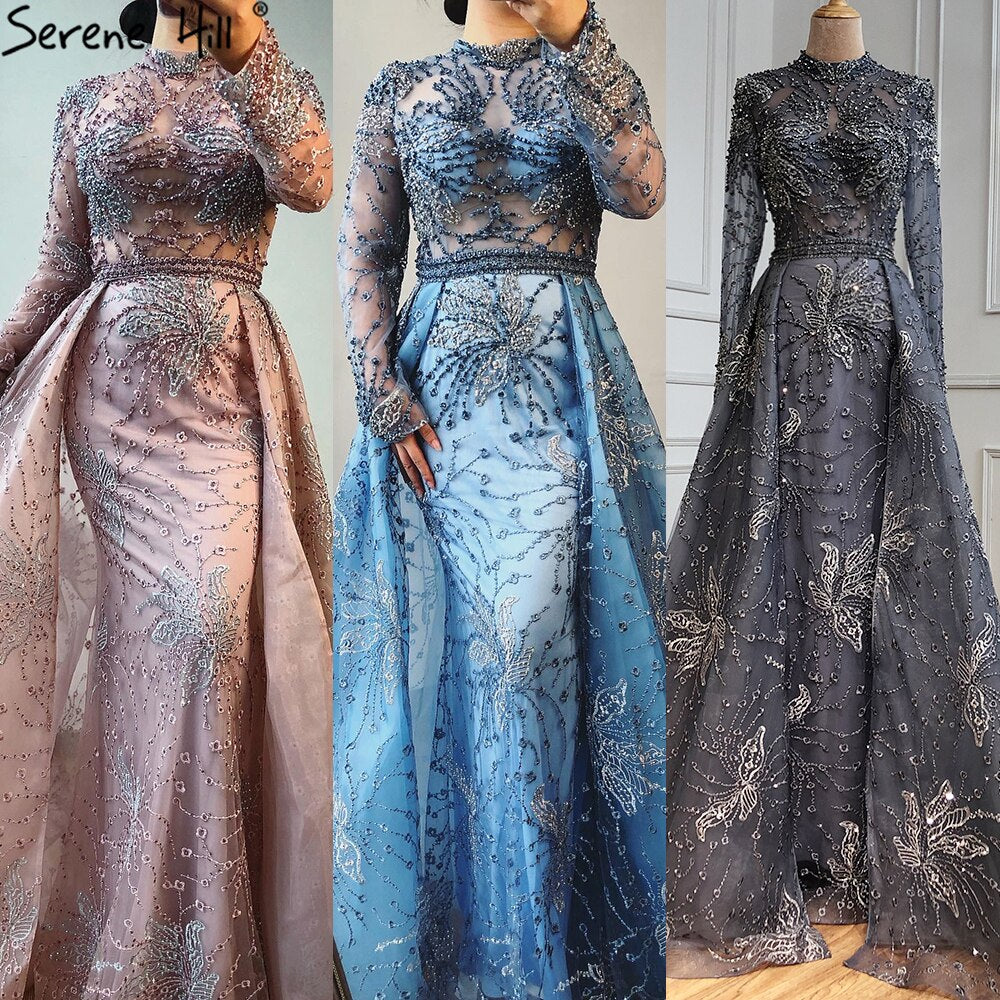 Vestido de noche de sirena rosa con cristales y mangas largas 2025, estilo Dubái, cuello alto, brillante, LA70582 