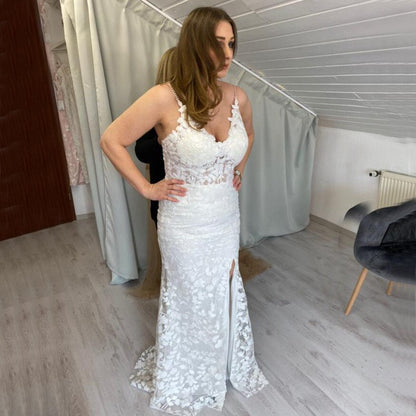 Vestido de noche sexy de sirena rosa con escote en V, flores hechas a mano, sin mangas, de tul, LA70431 