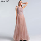 Rosa O-Ausschnitt Perlen Kristall Sexy Abendkleider A-Linie Ärmellos Tüll Abendkleid 2025 LA60981 