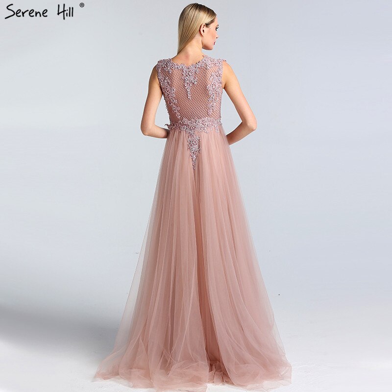 Rosa O-Ausschnitt Perlen Kristall Sexy Abendkleider A-Linie Ärmellos Tüll Abendkleid 2025 LA60981 