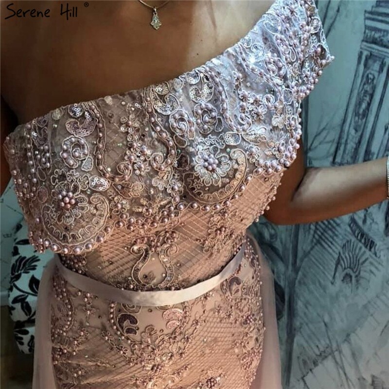 Vestido de noche sexy de sirena con un solo hombro en rosa, encaje, perlas y lentejuelas, elegante vestido formal LA70386 