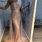 Vestido de noche sexy de sirena con un solo hombro en rosa, encaje, perlas y lentejuelas, elegante vestido formal LA70386 