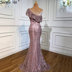 Vestido de noche sexy de sirena con un solo hombro en rosa, encaje, perlas y lentejuelas, elegante vestido formal LA70386 