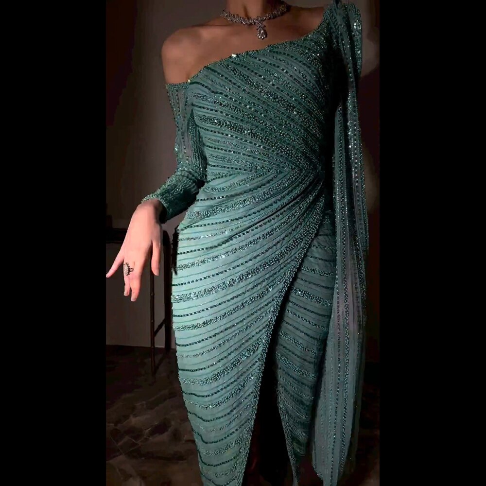 Vestido de noche rosa con escote sirena y un hombro, abertura y cuentas, sexy, para mujer, 2025, LA72115 