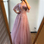 Rosa Kurzarm Sexy A-Linie Abendkleider Design 2025 Sparkle Perlen Pailletten Abendkleider Real Photo LA70075 
