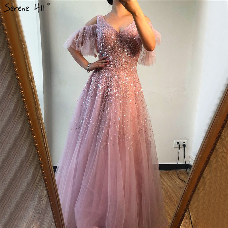 Rosa Kurzarm Sexy A-Linie Abendkleider Design 2025 Sparkle Perlen Pailletten Abendkleider Real Photo LA70075 