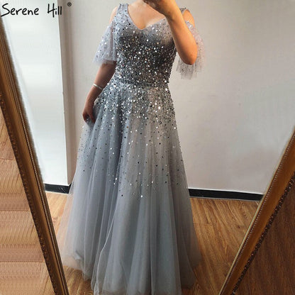 Vestido de noche rosa de manga corta, sexy, corte A, diseño 2025, con lentejuelas y cuentas brillantes. Foto real LA70075