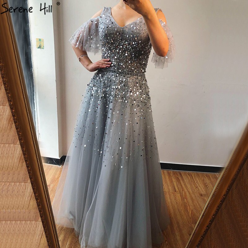 Rosa Kurzarm Sexy A-Linie Abendkleider Design 2025 Sparkle Perlen Pailletten Abendkleider Real Photo LA70075 
