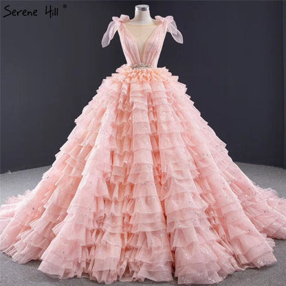 Vestidos de novia sexys con capas, sin mangas y lazo en color rosa, 2025, con lentejuelas y encaje brillante, HM67033, hechos a medida